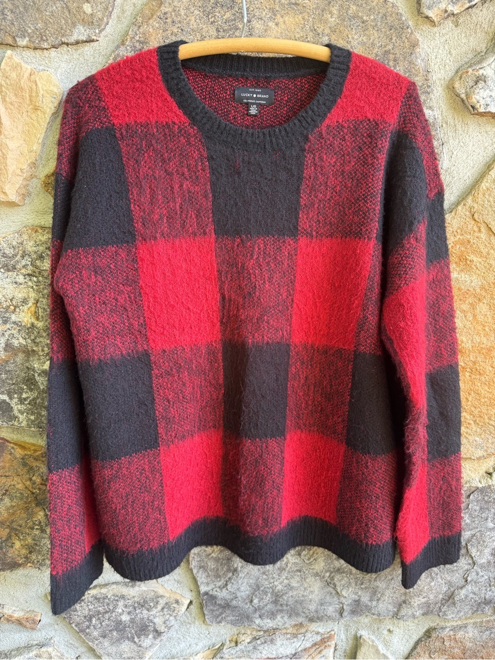 Lucky Brand Buffalo Plaid Sweater Large Red Black Wool Blend Oversized Check